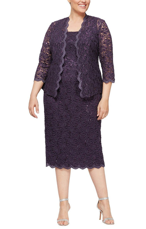 Plus Tea-Length Sheath Lace Dress with Sheer Lace Jacket with Sequin Detail - alexevenings.com