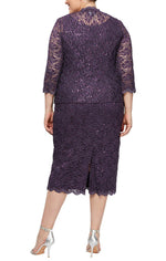 Plus Tea-Length Sheath Lace Dress with Sheer Lace Jacket with Sequin Detail - alexevenings.com