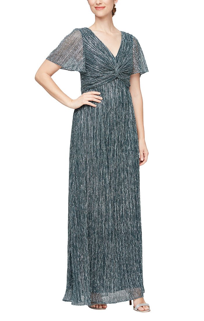 Plus V-Neck Empire Waist Metallic Knit Dress With Twist Front Detail & Flutter Sleeves - alexevenings.com