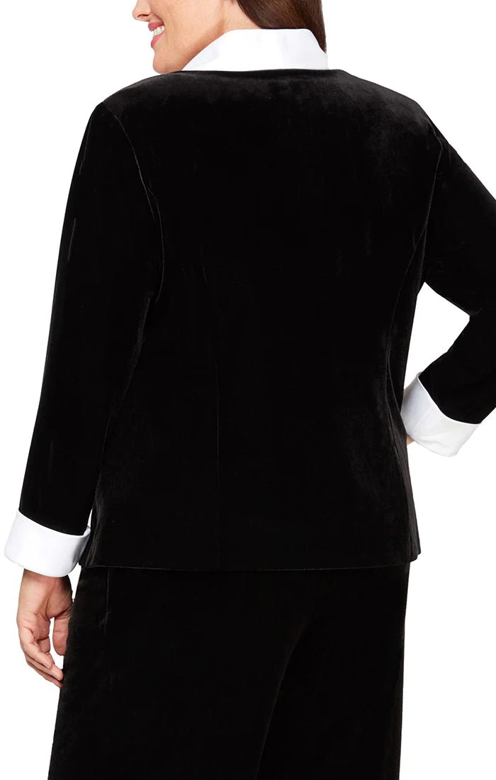 Plus Velvet Twinset with Contrast Satin Collar & Cuffs and Decorative Clasp Closure on Jacket - alexevenings.com