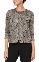 Printed 3/4 Sleeve Slinky Twinset with Glitter Detail and Hook and Eye Closure at Neck - alexevenings.com