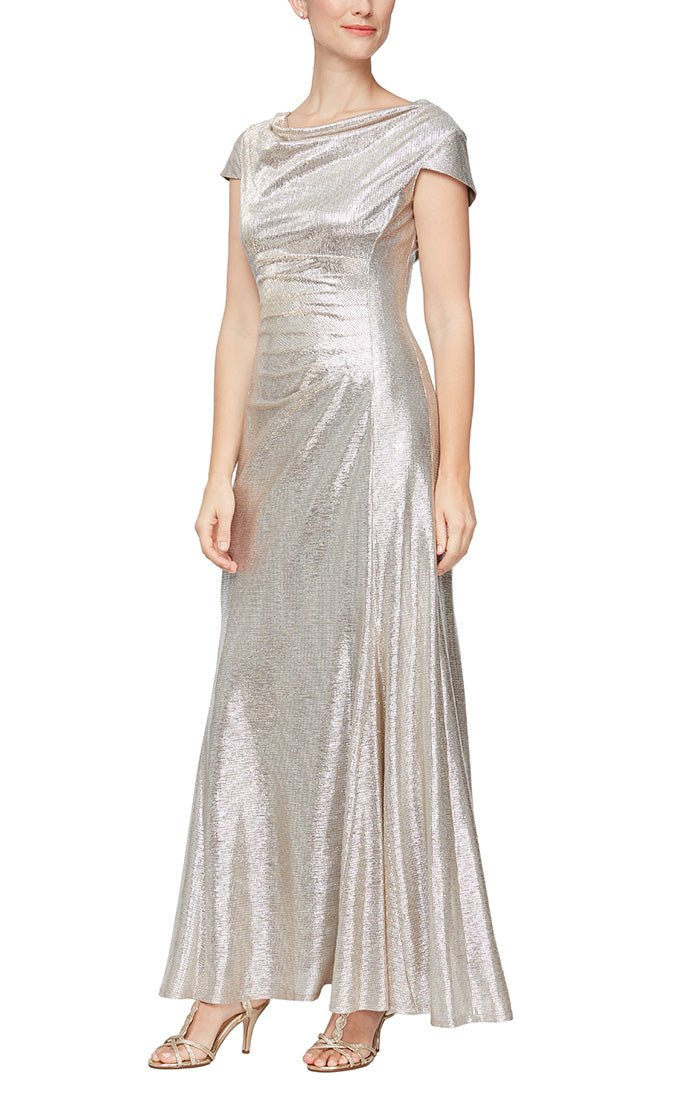 Regular - A-Line Cap Sleeve Metallic Knit Gown with Cowl Neck & Back Detail - alexevenings.com
