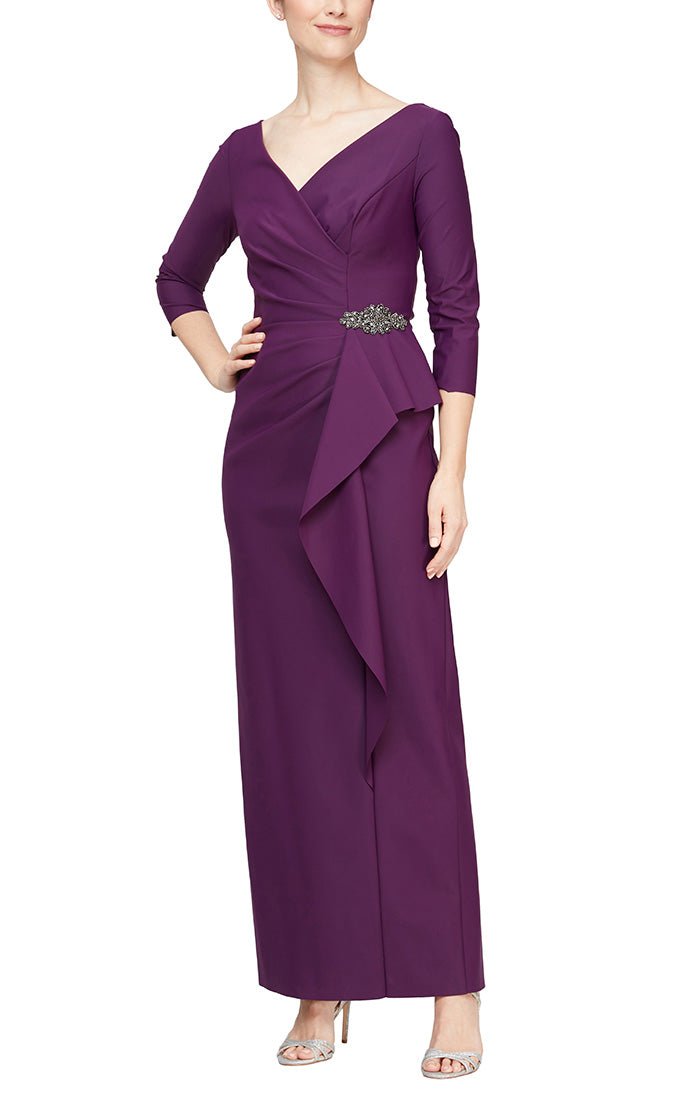 Regular - Compression Dress with Surplice Neckline, Cascade Ruffle Skirt and Embellishment at Hip - alexevenings.com