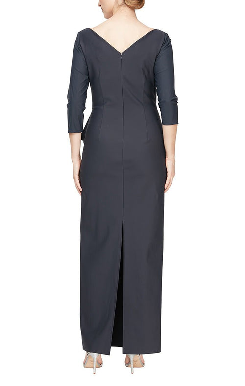 Regular - Compression Dress with Surplice Neckline, Cascade Ruffle Skirt and Embellishment at Hip - alexevenings.com