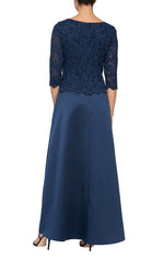 Regular - Long A-Line Mock Lace & Satin Gown with Scallop Detail and Illusion Sleeves - alexevenings.com