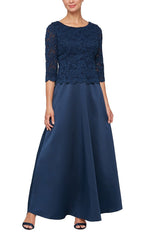 Regular - Long A-Line Mock Lace & Satin Gown with Scallop Detail and Illusion Sleeves - alexevenings.com
