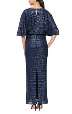 Regular - Long Blouson Sequin Column Dress with Cutout Sleeve Detail - alexevenings.com