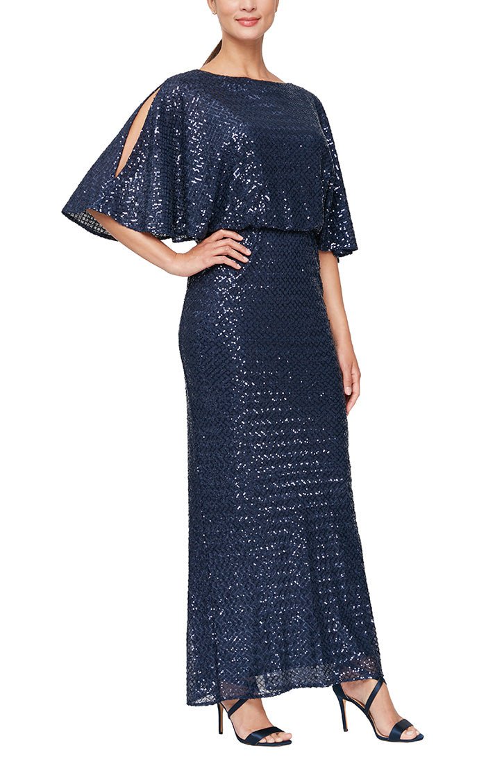 Regular - Long Blouson Sequin Column Dress with Cutout Sleeve Detail - alexevenings.com