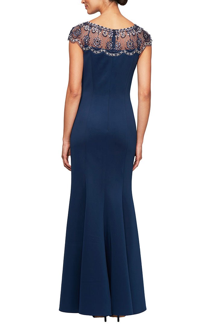 Regular - Long Cap Sleeve Fit & Flare Crepe Dress with Beaded Illusion Neckline - alexevenings.com