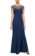 Regular - Long Cap Sleeve Fit & Flare Crepe Dress with Beaded Illusion Neckline - alexevenings.com