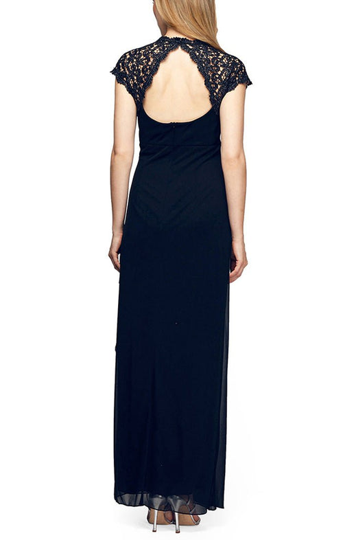 Regular - Long Mesh Dress with Metallic Lace Neckline & Side Ruching Detail - alexevenings.com