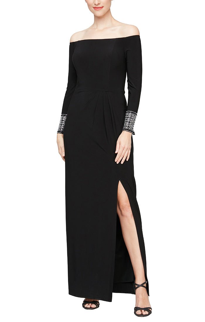 Regular - Long Off the Shoulder Matte Jersey Dress with Beaded Cuffs and Front Slit - alexevenings.com