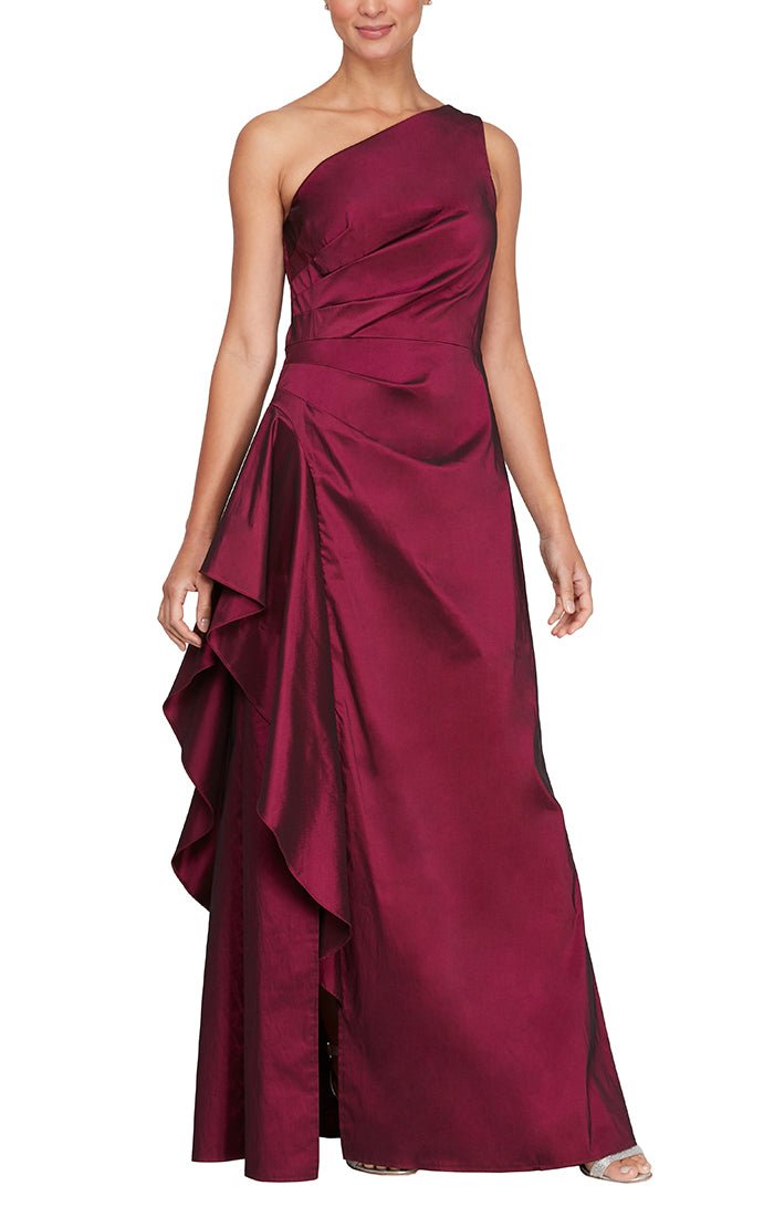 Regular - Long One Shoulder Dress With Cascade Detail Skirt - alexevenings.com
