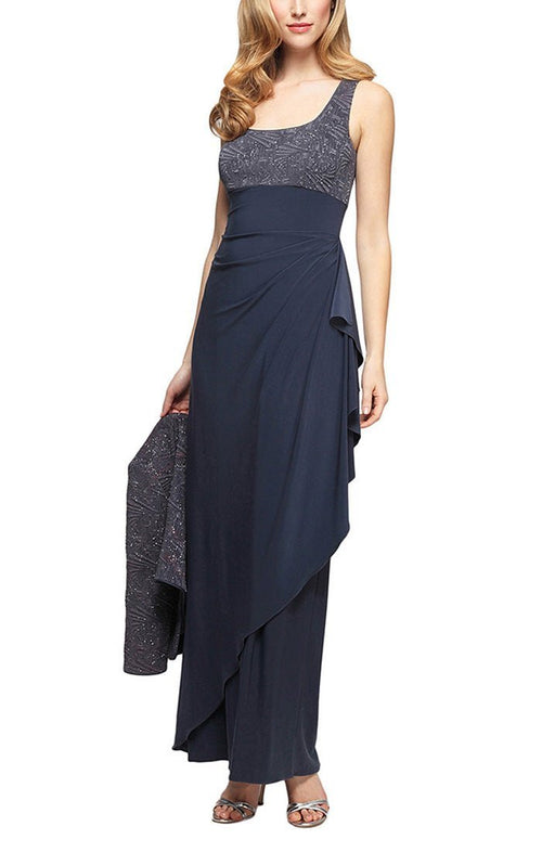 Regular - Long Side Ruched Glitter Jacquard Knit & Matte Jersey Gown with Bolero Jacket - alexevenings.com