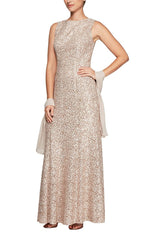 Regular - Long Sleeveless Fit & Flare Dress with Sequin Detail and Matching Shawl - alexevenings.com
