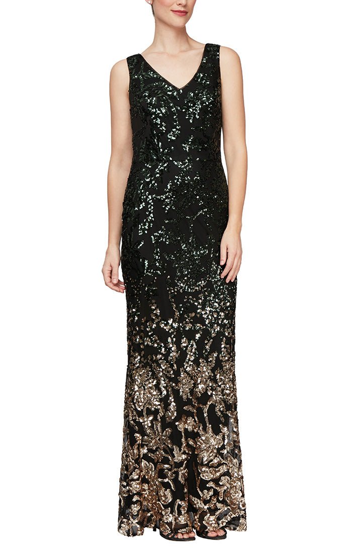 Regular - Long Sleeveless V-Neck Ombre Sequin Dress - alexevenings.com
