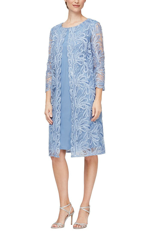 Regular - Short Embroidered Mock Jacket Dress with Attached Jacket and Scallop Detail - alexevenings.com