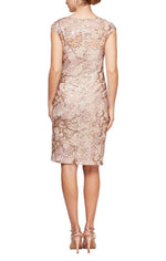 Regular - Short Embroidered Tulle Sheath Cocktail Dress with Illusion Cap Sleeves and V-Neckline - alexevenings.com