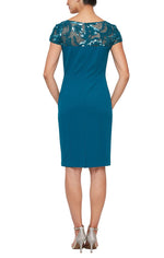 Regular - Short Sheath Dress with Embroidered Illusion Neckline - alexevenings.com