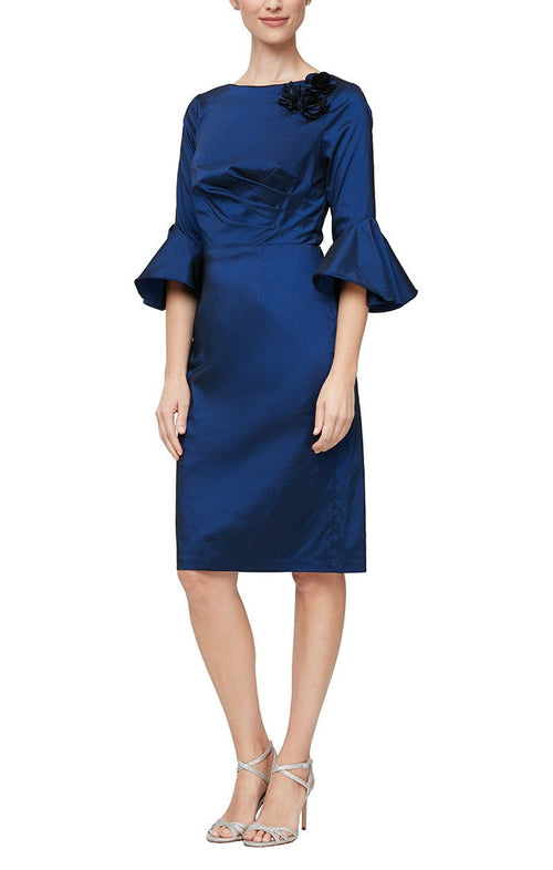 Regular - Short Sheath Dress with Floral Detail at Shoulder and Bell Sleeves - alexevenings.com