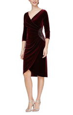 Regular - Short Surplice Neckline Velvet Cocktail Dress with Tulip Skirt & Embellishment at Hip - alexevenings.com