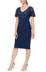 Regular - Short V-Neck Empire Waist Sheath Dress with Flutter Sleeves & Cascade Detail Skirt - alexevenings.com