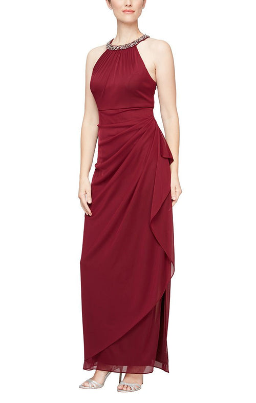 Regular - Sleeveless Dress with Beaded Halter Style Neckline and Cascade Ruffle Detail Skirt - alexevenings.com