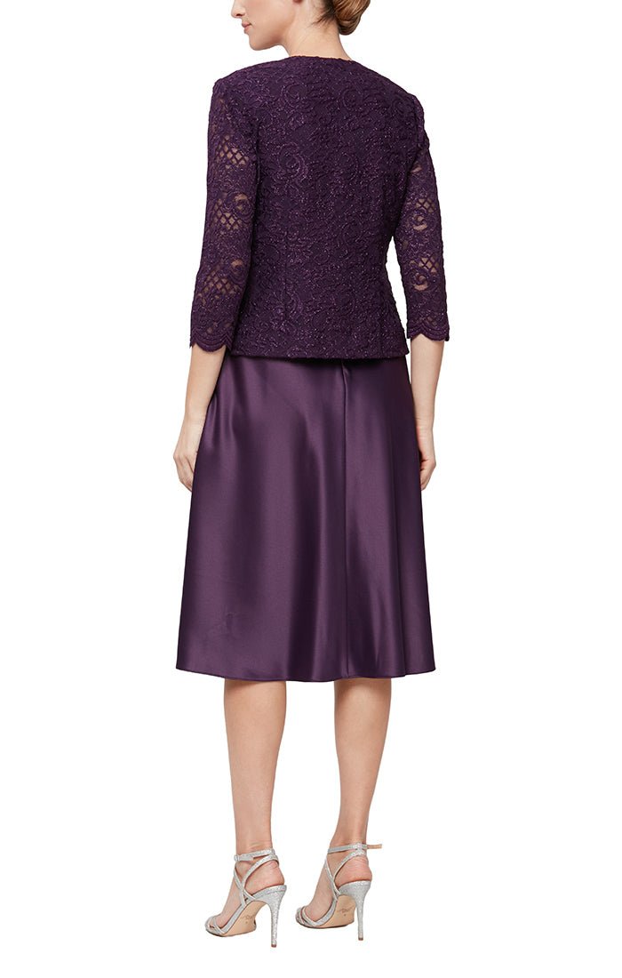 Regular - Tea-Length Glitter Lace Jacket Dress with Full Satin Taffeta Skirt - alexevenings.com