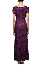 Rosette A-Line Gown with Sequin Detail & Short Illusion Sleeves - alexevenings.com