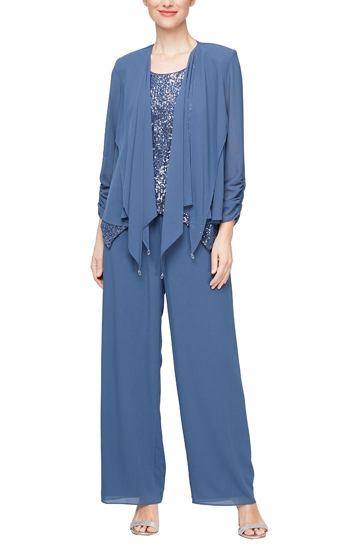 *Sequin and Chiffon Pantsuit with Straight Leg Pant, Pointed Hem Scoop Neck Tank and Pointed Overlay Jacket - alexevenings.com