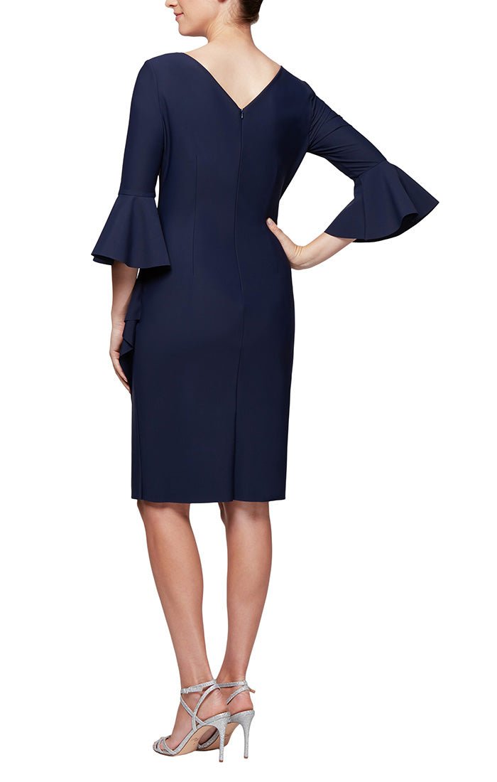 Sheath Compression Cocktail Dress with Bell Sleeves, Embellished Hip & Cascade Ruffle Detail - alexevenings.com