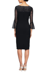 Sheath Crepe Dress with Embellished Illusion Mesh Neckline and Bell Sleeves - alexevenings.com