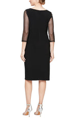 Sheath Crepe Dress with Embellished Sweetheart Illusion Neckline and Cascade Detail Skirt - alexevenings.com