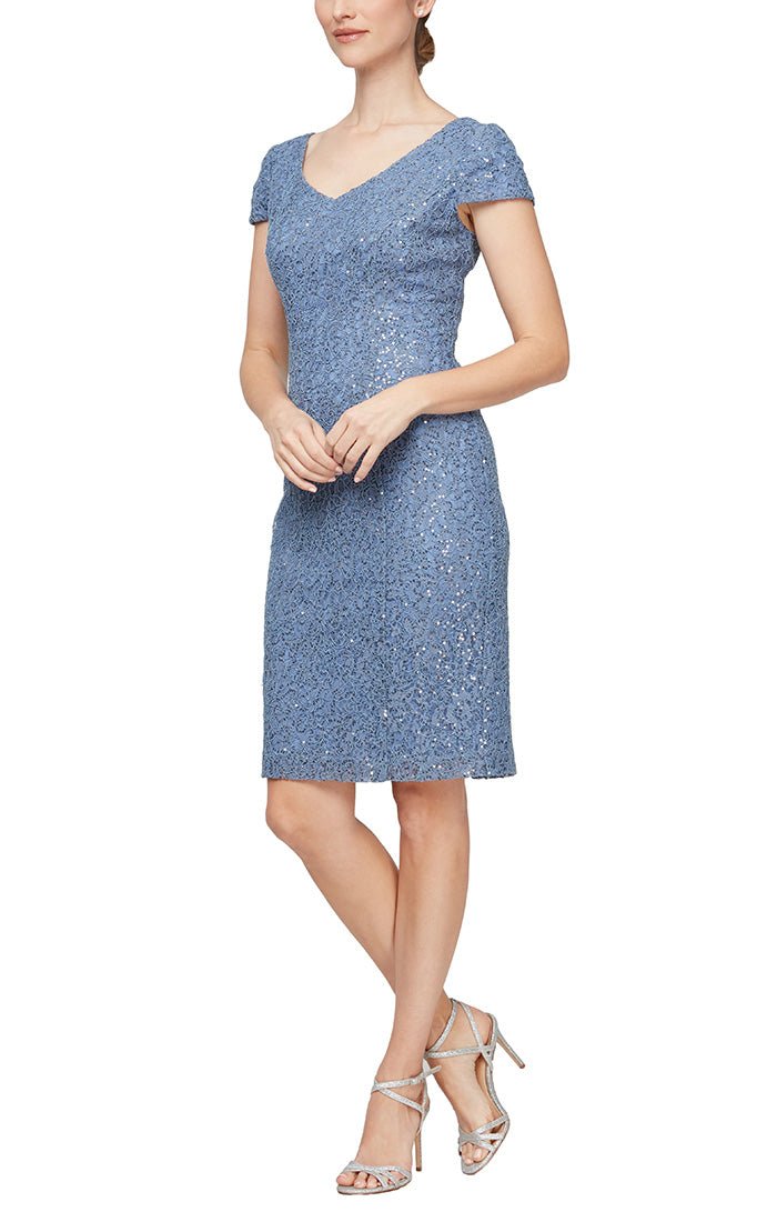 Short Corded Lace Sheath Dress with V-Neckline and Cap Sleeves - alexevenings.com