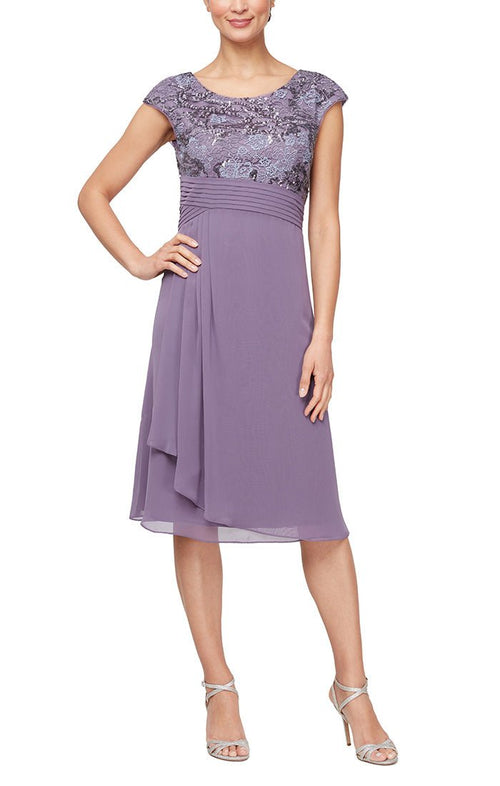 Short Embroidered A-Line Dress with Pleated Waist Detail - alexevenings.com