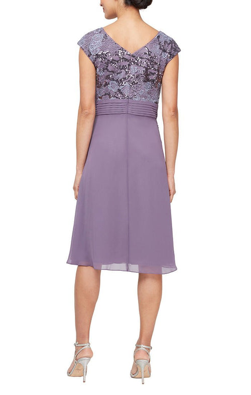 Short Embroidered A-Line Dress with Pleated Waist Detail - alexevenings.com