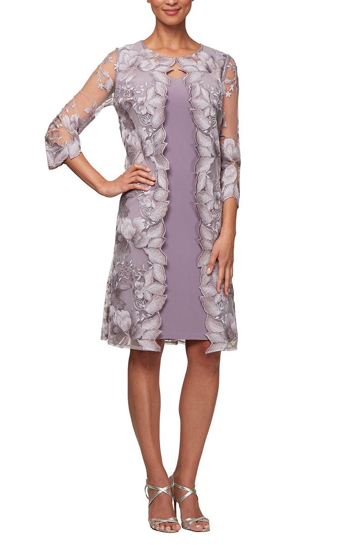 Short Embroidered Elongated Lace Mock Jacket with Jersey Sheath Dress - alexevenings.com