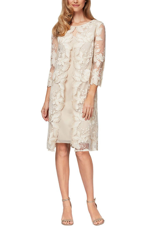 Short Embroidered Mock Jacket Dress with Attached Jacket and Solid Underlay Dress - alexevenings.com