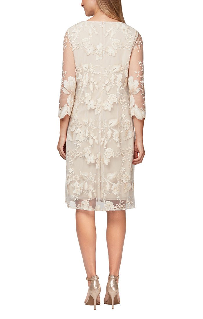 Short Embroidered Mock Jacket Dress with Attached Jacket and Solid Underlay Dress - alexevenings.com