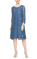 Short Embroidered Mock Jacket Dress with Attached Sequin Detail Jacket and Solid Underlay Dress - alexevenings.com