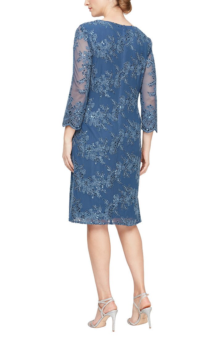 Short Embroidered Mock Jacket Dress with Attached Sequin Detail Jacket and Solid Underlay Dress - alexevenings.com