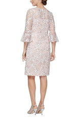 Short Embroidered Sequin Lace Sheath Dress with Illusion Neckline, 3/4 Bell Sleeves - alexevenings.com