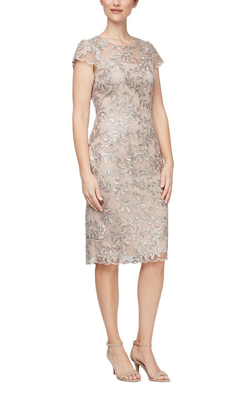 Short Embroidered Sheath Dress with Illusion Neckline and Cap Sleeves - alexevenings.com