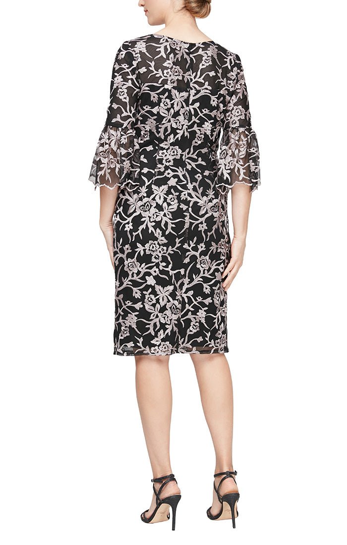 Short Embroidered Sheath Dress with Illusion Neckline & Bell Sleeves - alexevenings.com