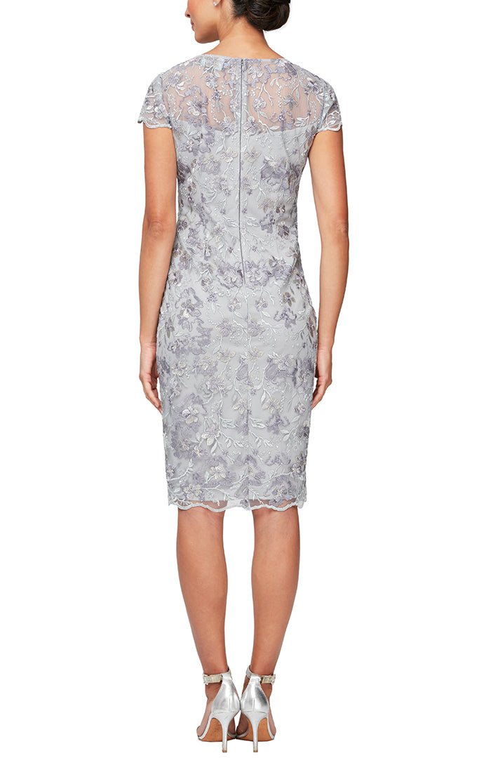 Short Embroidered Sheath Dress with Illusion Neckline, Short Sleeves and Scallop Detail - alexevenings.com