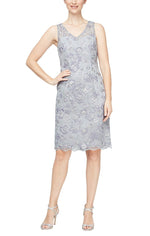 Short Embroidered V-Neck Sheath Dress with Elongated Chiffon Open Jacket - alexevenings.com