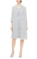 Short Embroidered V-Neck Sheath Dress with Elongated Chiffon Open Jacket - alexevenings.com