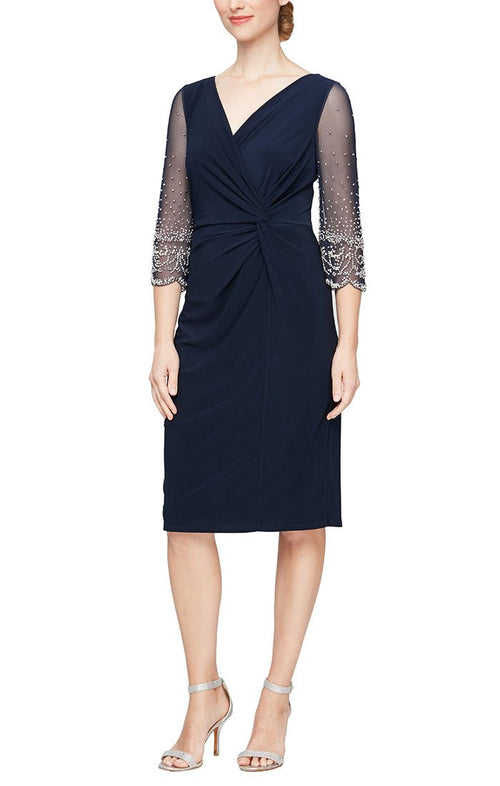 Short Matte Jersey Surplice Neckline Dress with Knot Front Detail and Embellished Sleeves - alexevenings.com