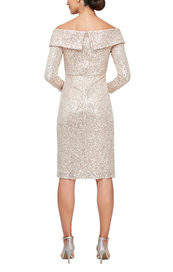 Short Off-the-Shoulder Sequin Sheath Dress with Overlay Cuff Neckline - alexevenings.com