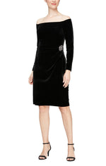 Short Off the Shoulder Sheath Dress with Embellishment at Hip and Cascade Detail Skirt - alexevenings.com